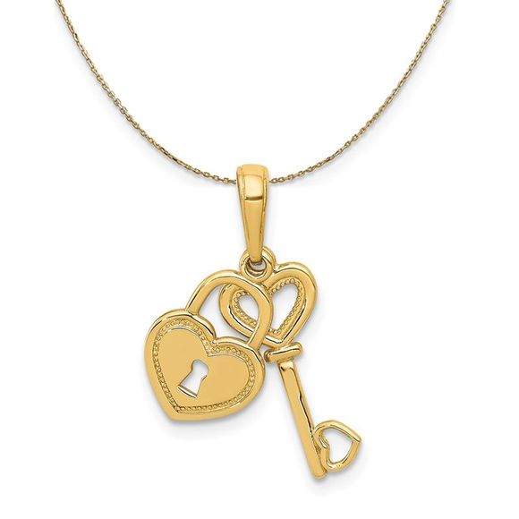 14k Yellow Gold Key and Heart Shaped Lock Necklace - 16 Inch